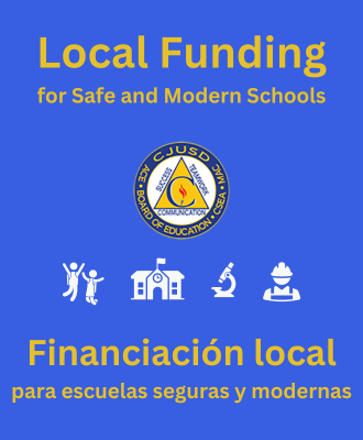  Local Funding for Safe and Modern Schools - district logo and clip art with school, students